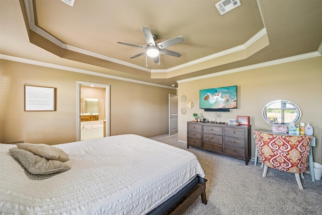 13037 N 124th E Pl, Collinsville, OK 74021 - carpeted bedroom with a raised ceiling, crown molding, ensuite bath, and a ceiling fan