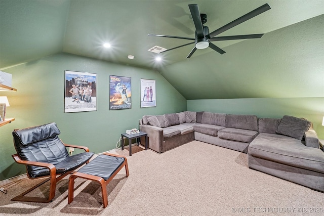 13037 N 124th E Pl, Collinsville, OK 74021 - living area featuring vaulted ceiling, ceiling fan, and carpet floors