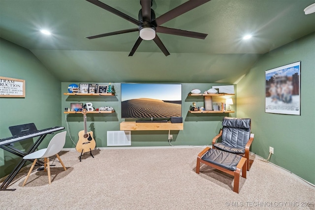 13037 N 124th E Pl, Collinsville, OK 74021 - sitting room featuring vaulted ceiling, carpet flooring, ceiling fan, and recessed lighting