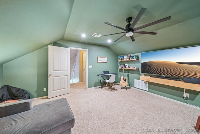 13037 N 124th E Pl, Collinsville, OK 74021 - living area featuring vaulted ceiling, ceiling fan, and carpet
