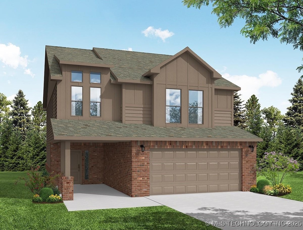 2036 E 129th Pl S, Jenks, OK 74037 - view of front of home with a garage, brick siding, driveway, and a front lawn