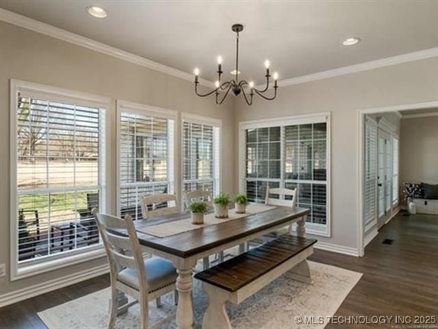 408 W Fairway Ct, Broken Arrow, OK 74011 - dining area featuring a chandelier, dark wood-type flooring, crown molding, and recessed lighting