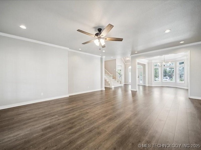 408 W Fairway Ct, Broken Arrow, OK 74011 - unfurnished living room featuring a chandelier, stairs, dark wood-style floors, recessed lighting, and ornamental molding