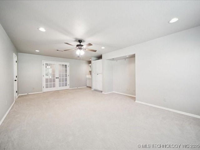 408 W Fairway Ct, Broken Arrow, OK 74011 - unfurnished bedroom featuring french doors, recessed lighting, light carpet, and ceiling fan
