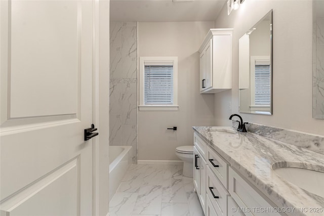 5913 E 127th St S, Tulsa, OK 74008 - full bathroom with marble look tile flooring, double vanity, and bathtub / shower combination