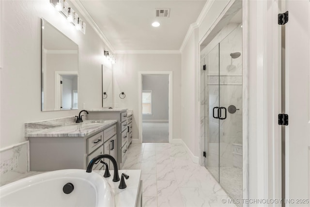 5913 E 127th St S, Tulsa, OK 74008 - bathroom featuring vanity, marble finish flooring, a marble finish shower, a garden tub, and ornamental molding