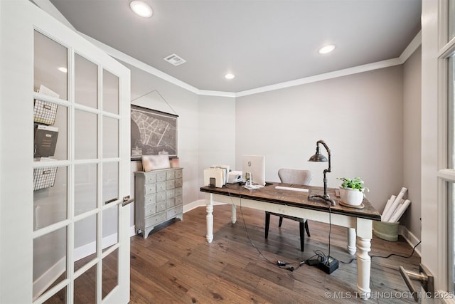 27920 160th St, Coweta, OK 74429 - office space with ornamental molding, wood finished floors, recessed lighting, and french doors