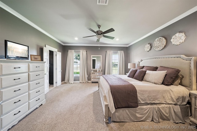 27920 160th St, Coweta, OK 74429 - bedroom with crown molding, light colored carpet, recessed lighting, and ceiling fan