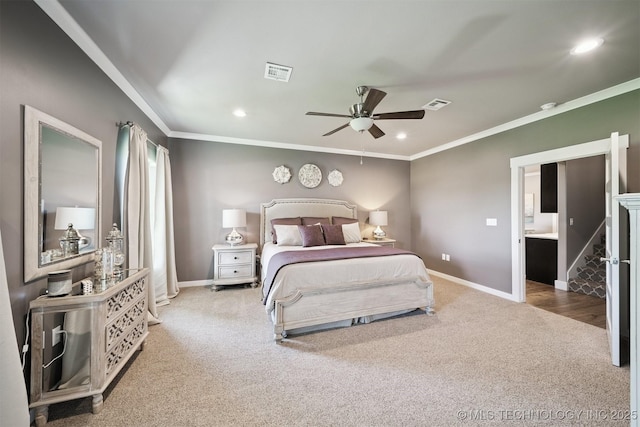 27920 160th St, Coweta, OK 74429 - bedroom featuring carpet flooring, ornamental molding, recessed lighting, and a ceiling fan