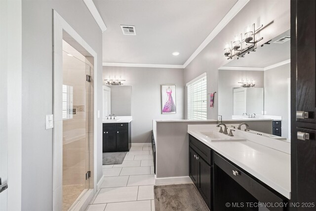 27920 160th St, Coweta, OK 74429 - full bath featuring a stall shower, two vanities, tile patterned floors, and crown molding