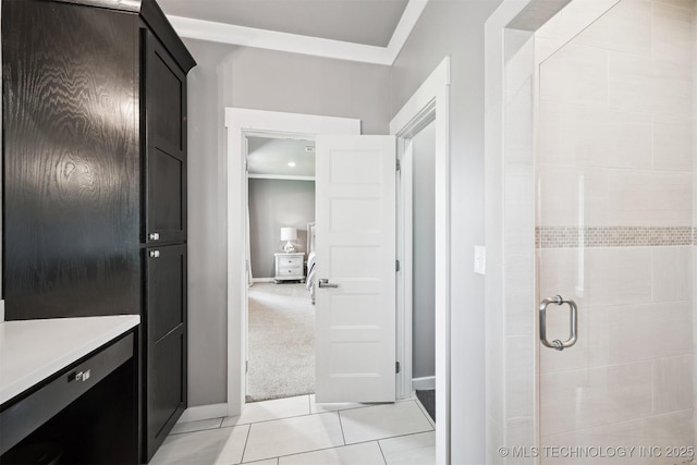 27920 160th St, Coweta, OK 74429 - bathroom featuring a shower stall, crown molding, and tile patterned floors