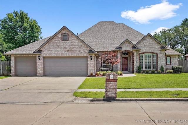 1005 E Fargo St, Broken Arrow, OK 74012 - french country home featuring brick siding, a garage, concrete driveway, and roof with shingles