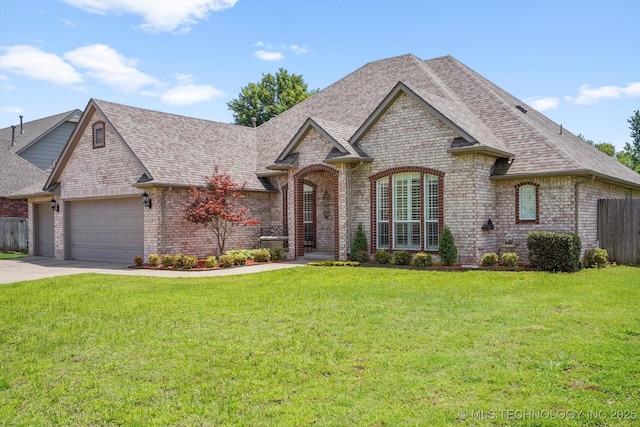 1005 E Fargo St, Broken Arrow, OK 74012 - french country home featuring brick siding, roof with shingles, a garage, and concrete driveway
