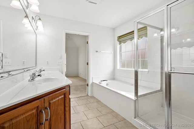 1005 E Fargo St, Broken Arrow, OK 74012 - bathroom featuring vanity, a bath, tile patterned flooring, and a stall shower