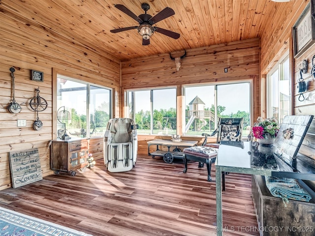 353800 E 5400th Rd, Maramec Twp, OK 74045 - sunroom featuring wooden walls, wood finished floors, and wood ceiling