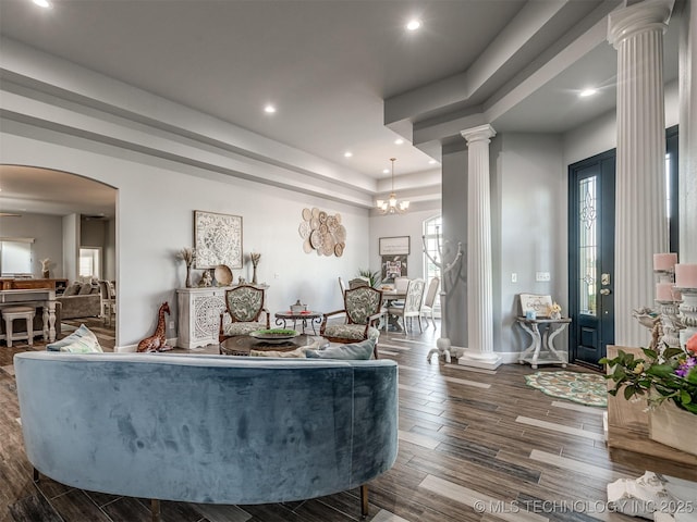 353800 E 5400th Rd, Maramec Twp, OK 74045 - living room with ornate columns, dark wood-style flooring, recessed lighting, and arched walkways