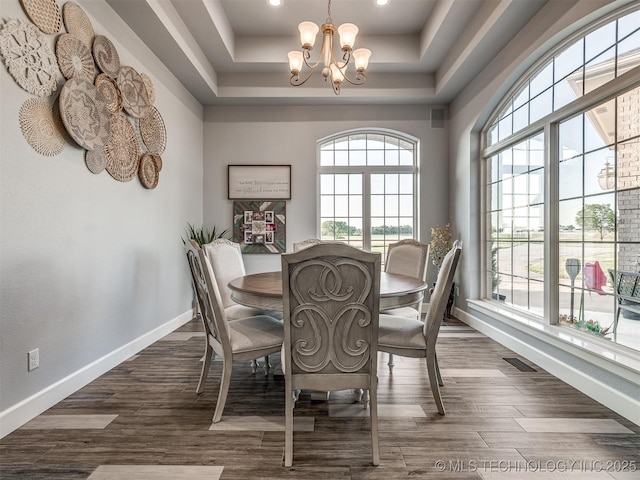 353800 E 5400th Rd, Maramec Twp, OK 74045 - dining room featuring a tray ceiling, a chandelier, dark wood finished floors, and recessed lighting