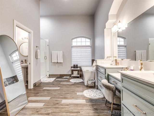 353800 E 5400th Rd, Maramec Twp, OK 74045 - bathroom featuring a shower stall, wood finished floors, a freestanding bath, two vanities, and a towering ceiling