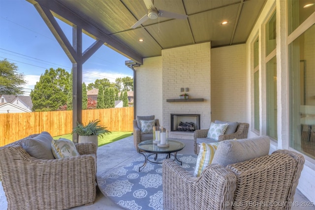 3528 S Troost Ave, Tulsa, OK 74105 - view of patio featuring an outdoor brick fireplace and ceiling fan