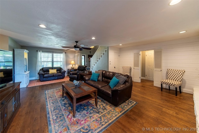 809 W Imperial St, Broken Arrow, OK 74011 - living room with stairs, recessed lighting, dark wood-style floors, and a ceiling fan