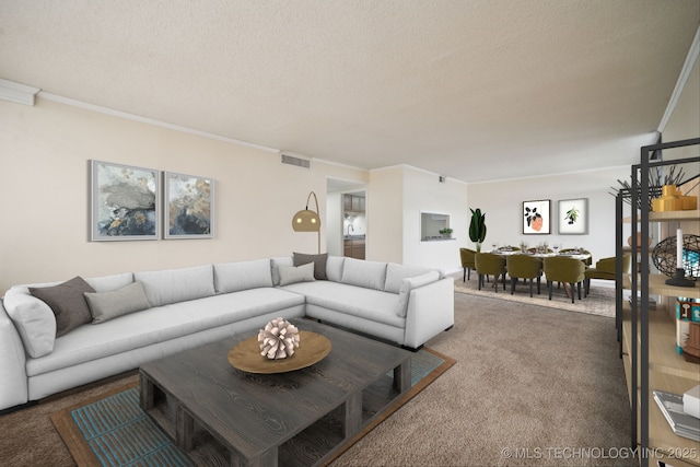 450 W 7th St # 908, Tulsa, OK 74119 - carpeted living area featuring ornamental molding and a textured ceiling