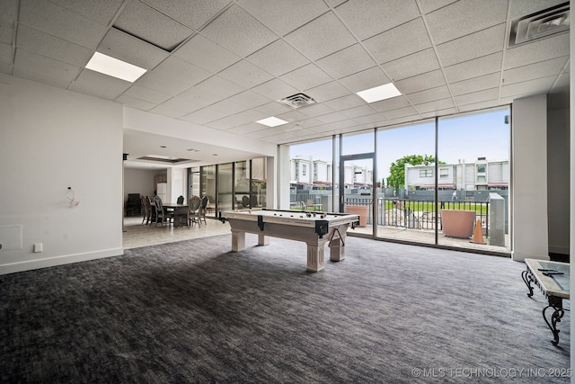 450 W 7th St # 908, Tulsa, OK 74119 - rec room with carpet flooring, a wall of windows, pool table, and a paneled ceiling
