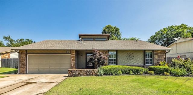 2847 W 115th Pl S, Jenks, OK 74037 - mid-century modern home with stone siding, a garage, concrete driveway, and a shingled roof