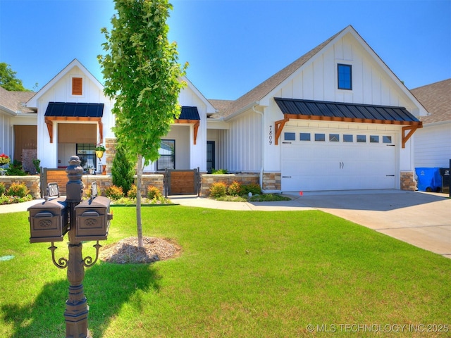 7809 S Redbud Ave, Broken Arrow, OK 74011 - modern farmhouse style home with board and batten siding, a standing seam roof, stone siding, and a shingled roof