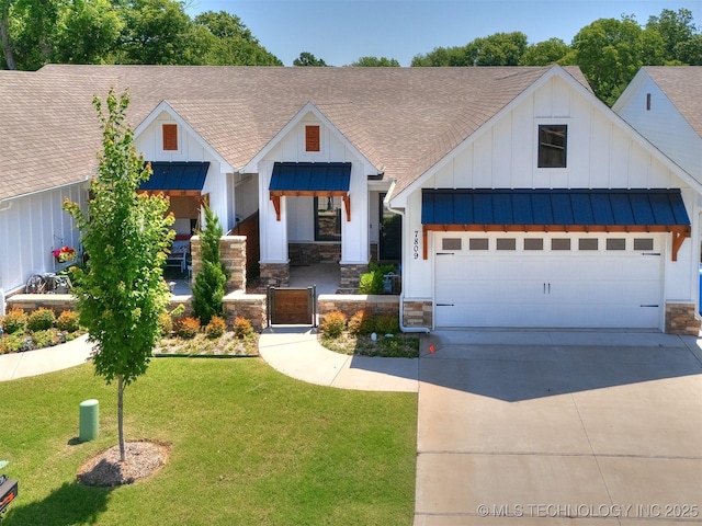 7809 S Redbud Ave, Broken Arrow, OK 74011 - modern farmhouse style home with board and batten siding, roof with shingles, stone siding, and a standing seam roof