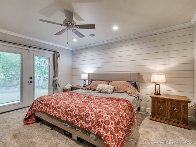 7001 S Redbud Ave, Broken Arrow, OK 74011 - bedroom featuring carpet flooring, crown molding, access to outside, recessed lighting, and a ceiling fan