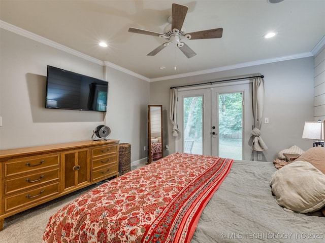 7001 S Redbud Ave, Broken Arrow, OK 74011 - bedroom with access to exterior, french doors, ornamental molding, recessed lighting, and ceiling fan