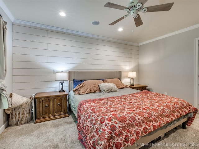 7001 S Redbud Ave, Broken Arrow, OK 74011 - bedroom with carpet, ornamental molding, recessed lighting, ceiling fan, and wood walls