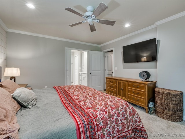 7001 S Redbud Ave, Broken Arrow, OK 74011 - carpeted bedroom with ornamental molding, recessed lighting, and a ceiling fan