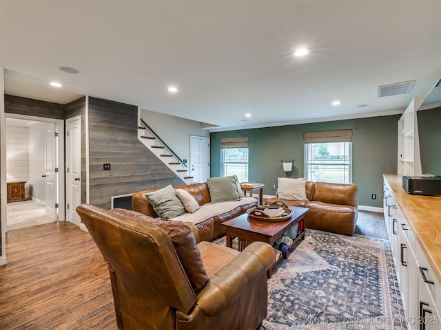 7001 S Redbud Ave, Broken Arrow, OK 74011 - living room with stairs, wood finished floors, recessed lighting, and ornamental molding