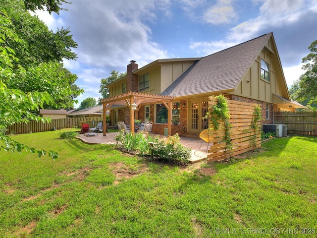 7001 S Redbud Ave, Broken Arrow, OK 74011 - back of house featuring a pergola, a patio, a shingled roof, a chimney, and board and batten siding