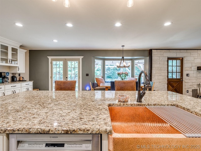 7001 S Redbud Ave, Broken Arrow, OK 74011 - kitchen featuring french doors, dishwasher, white cabinets, recessed lighting, and light stone counters