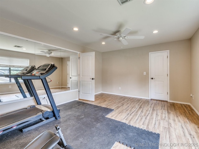 7001 S Redbud Ave, Broken Arrow, OK 74011 - exercise room with a ceiling fan, wood finished floors, and recessed lighting