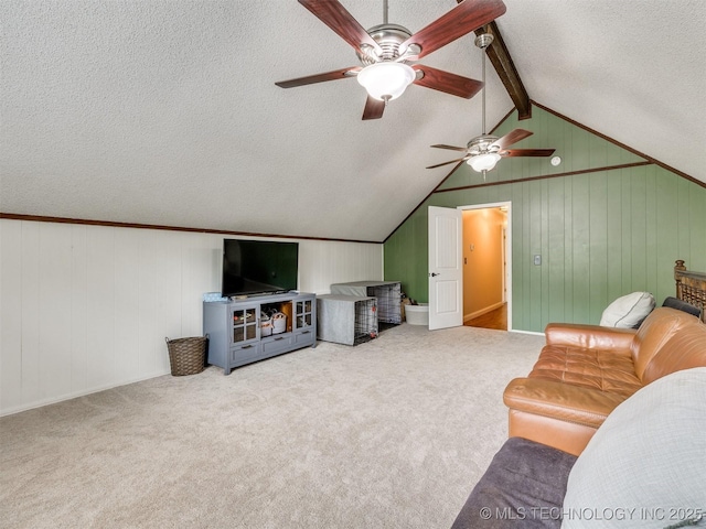 7001 S Redbud Ave, Broken Arrow, OK 74011 - carpeted living room with a textured ceiling, ceiling fan, and wood walls