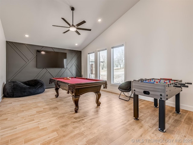 409340 E 1190th Rd, Eufaula, OK 74432 - rec room with ceiling fan, billiards, light wood-style floors, recessed lighting, and high vaulted ceiling