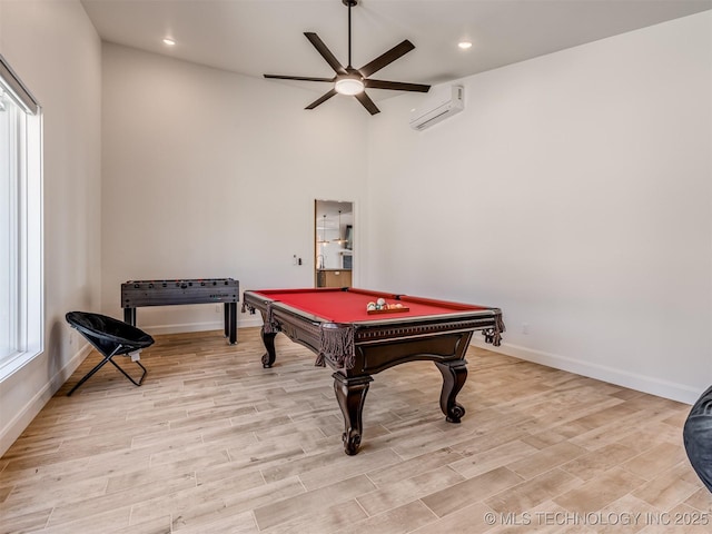 409340 E 1190th Rd, Eufaula, OK 74432 - recreation room featuring a wall mounted air conditioner, a ceiling fan, high vaulted ceiling, billiards, and light wood finished floors