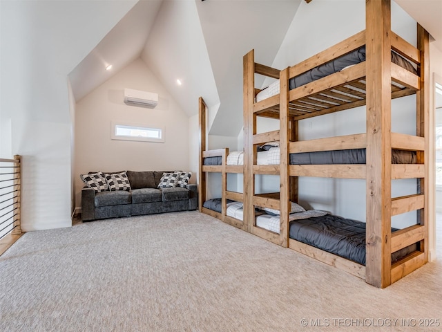 409340 E 1190th Rd, Eufaula, OK 74432 - bedroom with carpet, vaulted ceiling, and a wall unit AC
