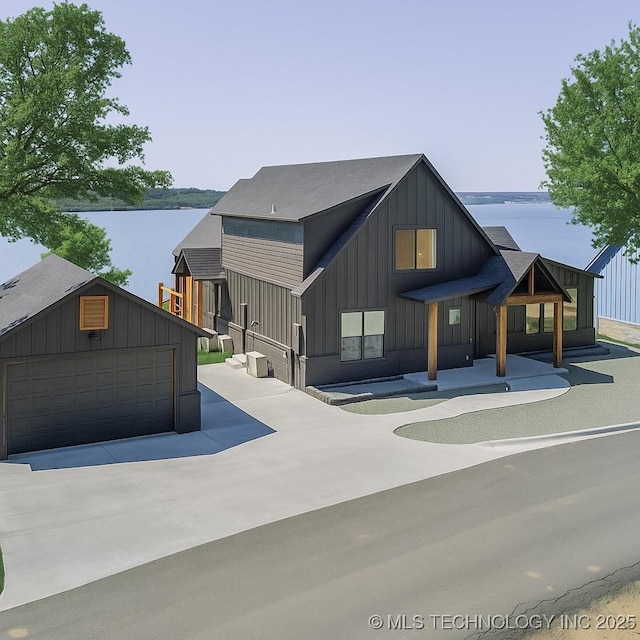 409340 E 1190th Rd, Eufaula, OK 74432 - modern inspired farmhouse with board and batten siding, an outbuilding, a garage, and a water view