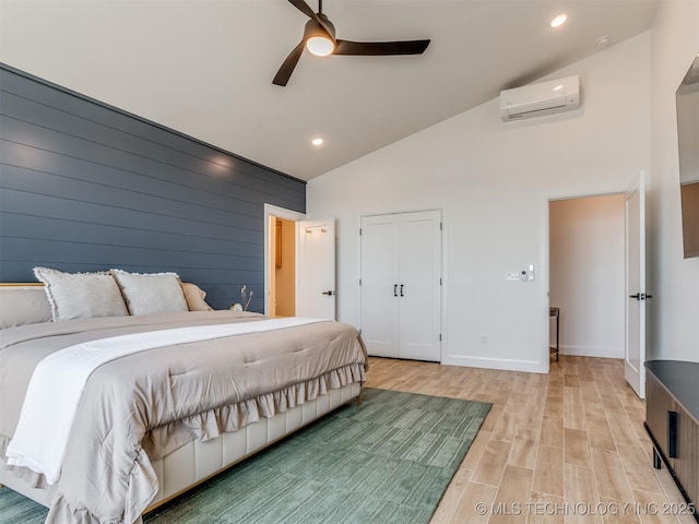 409340 E 1190th Rd, Eufaula, OK 74432 - bedroom featuring a wall unit AC, light wood finished floors, recessed lighting, high vaulted ceiling, and a ceiling fan