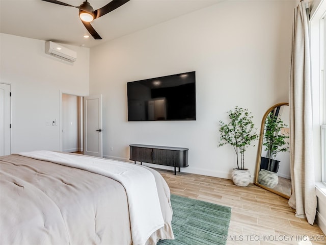 409340 E 1190th Rd, Eufaula, OK 74432 - bedroom featuring a wall unit AC, wood tiled floors, a high ceiling, recessed lighting, and a ceiling fan