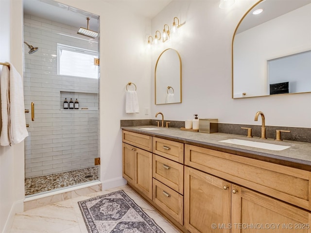 409340 E 1190th Rd, Eufaula, OK 74432 - full bathroom with double vanity, marble look tiles, and a shower stall