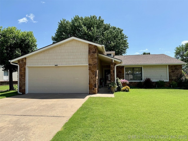 9613 N 107th E Ave, Owasso, OK 74055 - view of front of home with stone siding, an attached garage, a front lawn, and concrete driveway