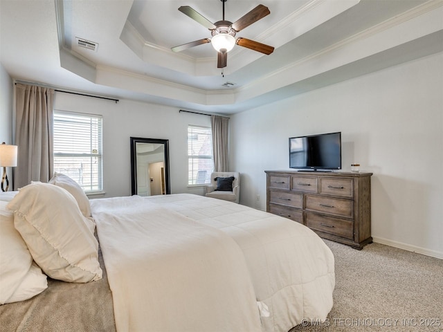 2603 S 16th Pl, Broken Arrow, OK 74012 - bedroom featuring ornamental molding, light colored carpet, a raised ceiling, multiple windows, and ceiling fan