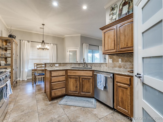 2603 S 16th Pl, Broken Arrow, OK 74012 - kitchen with stainless steel appliances, tasteful backsplash, ornamental molding, light stone countertops, and a chandelier