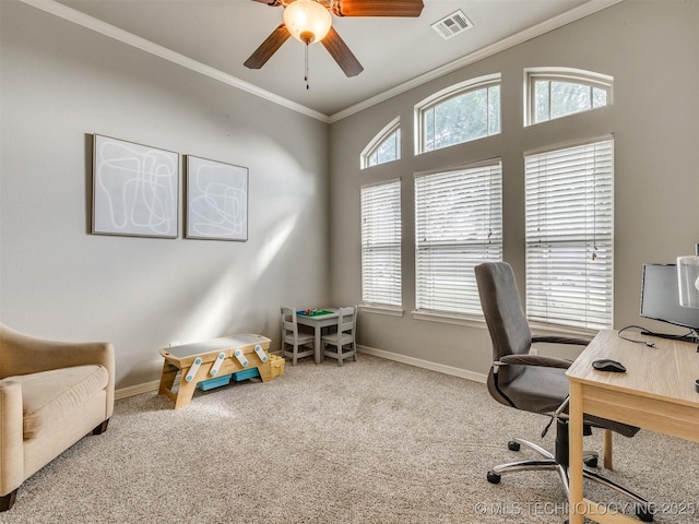 2603 S 16th Pl, Broken Arrow, OK 74012 - carpeted home office featuring ornamental molding and a ceiling fan