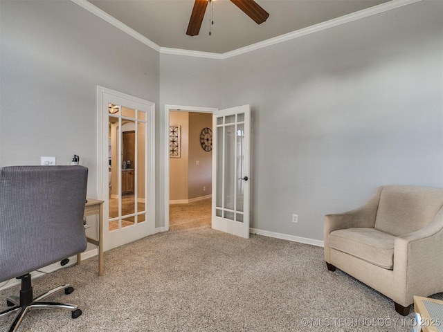 2603 S 16th Pl, Broken Arrow, OK 74012 - office with french doors, crown molding, carpet floors, and a ceiling fan